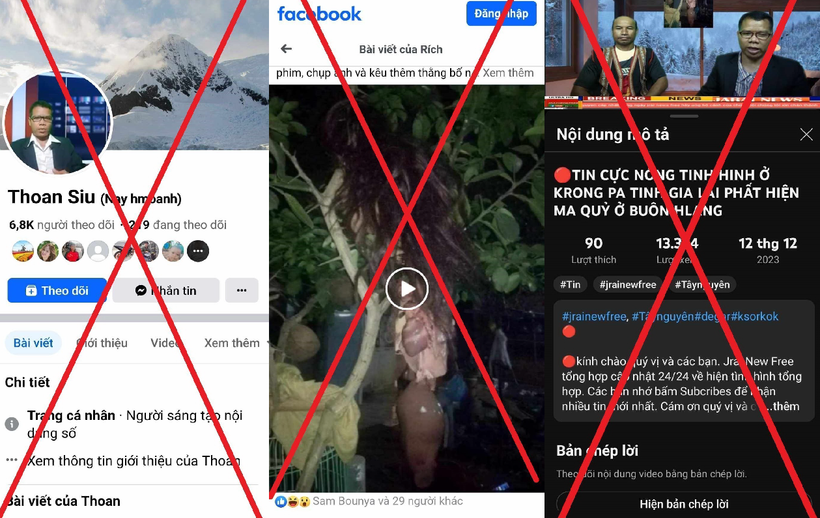 Facebook của đối tượng Siu Thoan; những hình ảnh cắt ghép về một chùm tóc giả và bộ nội tạng động vật treo trên cây rồi phao tin là 'ma lai' và những clip xuyên tạc, sai sự thật. (Ảnh: Cơ quan công an cung cấp)