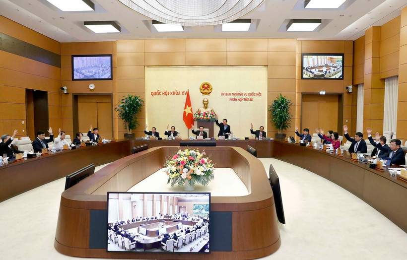 Ủy ban Thường vụ Quốc hội biểu quyết thông qua các dự thảo Nghị quyết xem xét, quyết định việc thành lập thị xã Việt Yên và các phường thuộc thị xã Việt Yên, tỉnh Bắc Giang. (Ảnh: Doãn Tấn/TTXVN)