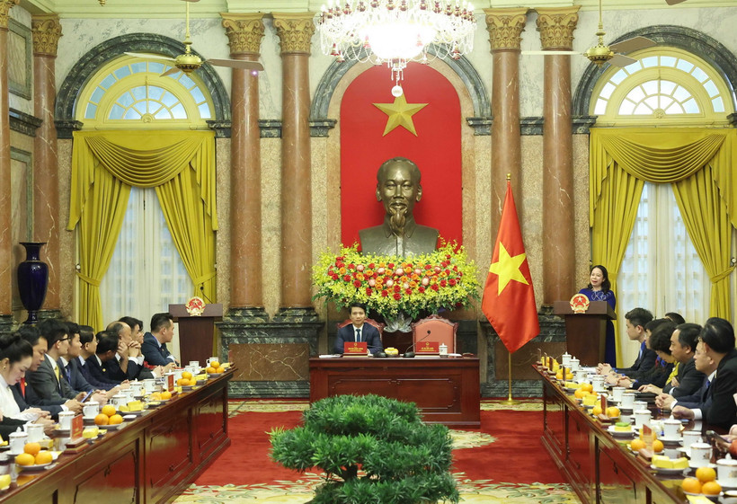 Quyền Chủ tịch nước Võ Thị Ánh Xuân phát biểu tại buổi gặp mặt đoàn đại biểu Hội Doanh nhân Trẻ Việt Nam. (Ảnh: Thống Nhất/TTXVN)