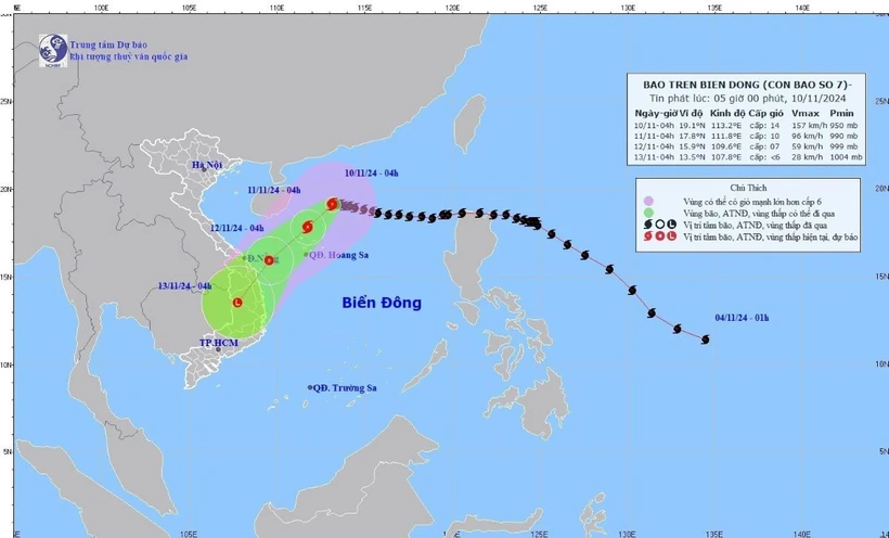 Hướng di chuyển của bão số 7 cập nhật lúc 4 giờ ngày 10/11. (Ảnh: TTXVN phát)