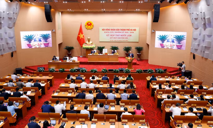 Toàn cảnh Kỳ họp thứ mười lăm, kỳ họp chuyên đề Hội đồng Nhân dân thành phố Hà Nội khóa XVI. (Ảnh: Văn Điệp/TTXVN)
