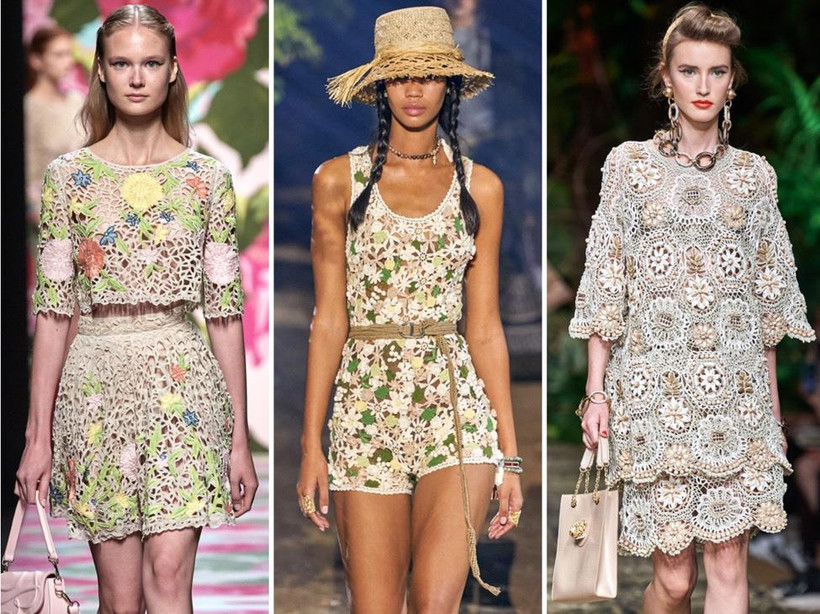 Các nhà mốt Blumarine, Christian Dior và Dolce & Gabbana (từ trái qua) đưa Crochet lên sàn diễn thời trang Hè 2021. (Ảnh: Gorunway)