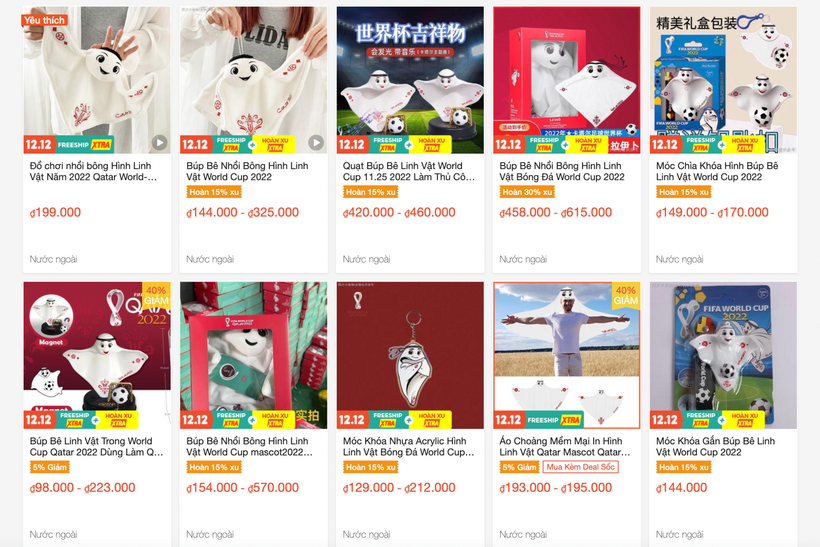 Hàng loạt sản phẩm đồ chơi linh vật World Cup 2022 'đổ bộ' trên các sàn thương mại điện tử. (Ảnh: shopee)