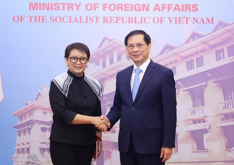 Bộ trưởng Ngoại giao Bùi Thanh Sơn với Bộ trưởng Ngoại giao Indonesia Retno Marsudi. (Ảnh: Phạm Kiên/TTXVN)