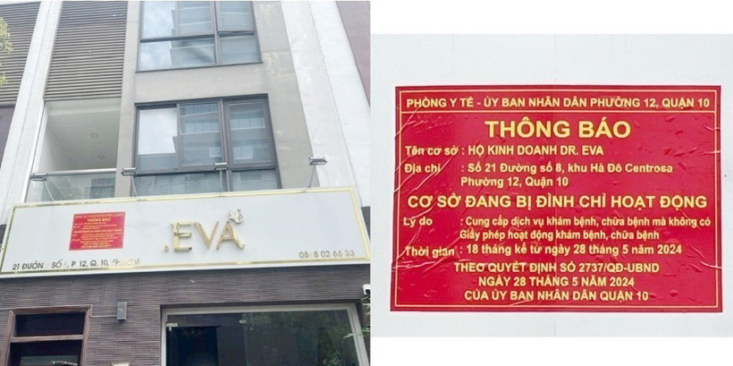 Biển cảnh báo cơ sở bị đình chỉ hoạt động do Ủy ban Nhân dân quận 10 Thành phố Hồ Chí Minh thực hiện. (Ảnh: TTXVN phát)