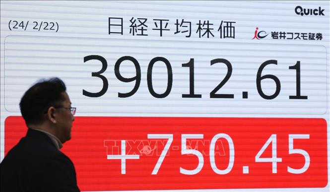 Bảng chỉ số chứng khoán tại Tokyo, Nhật Bản ngày 22/2/2024. (Ảnh: Kyodo/TTXVN)