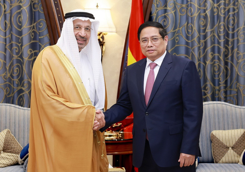 Thủ tướng Phạm Minh Chính tiếp Bộ trưởng Đầu tư Saudi Arabia Khalid Al-Falih. (Ảnh: Dương Giang/TTXVN)