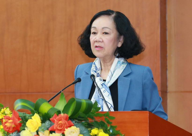 Bà Trương Thị Mai, Ủy viên Bộ Chính trị, Thường trực Ban Bí thư, Trưởng Ban Tổ chức Trung ương phát biểu chỉ đạo hội nghị. (Ảnh: Phương Hoa/TTXVN)