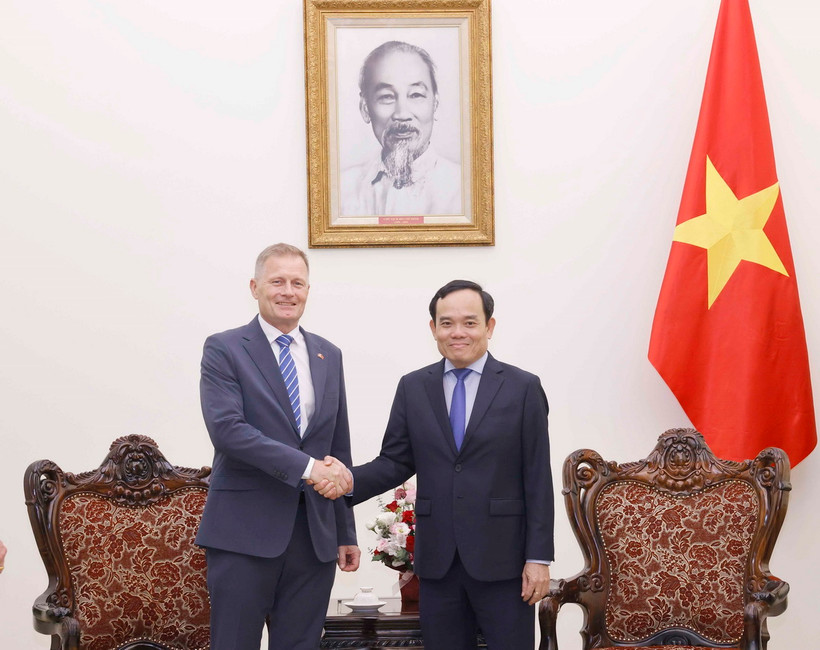 Phó Thủ tướng Trần Lưu Quang tiếp Giám đốc vận hành Tập đoàn LEGO Carsten Rasmussen. (Ảnh: Doãn Tấn/TTXVN)