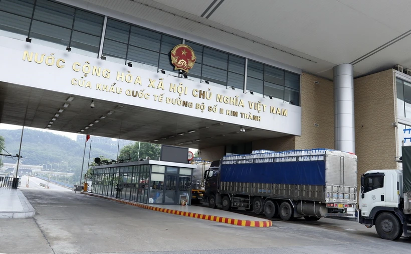 Các phương tiện chở quả vải tươi chờ làm thủ tục xuất khẩu sang Trung Quốc qua Cửa khẩu Quốc tế Đường bộ số II Kim Thành. (Ảnh: Quốc Khánh/TTXVN)