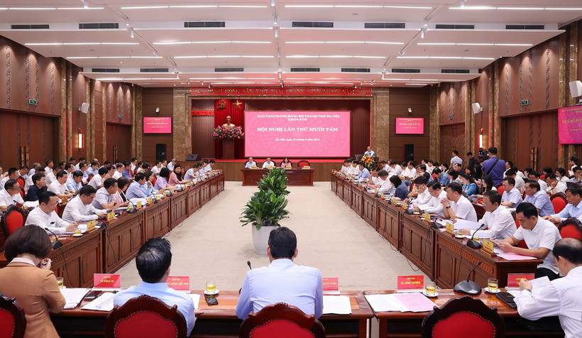 Toàn cảnh Hội nghị lần thứ 18 Ban Chấp hành Đảng bộ thành phố Hà Nội khóa XVII. (Ảnh: Văn Điệp/TTXVN)