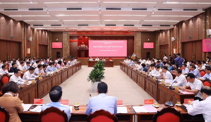Toàn cảnh Hội nghị lần thứ 18 Ban Chấp hành Đảng bộ thành phố Hà Nội khóa XVII. (Ảnh: Văn Điệp/TTXVN)