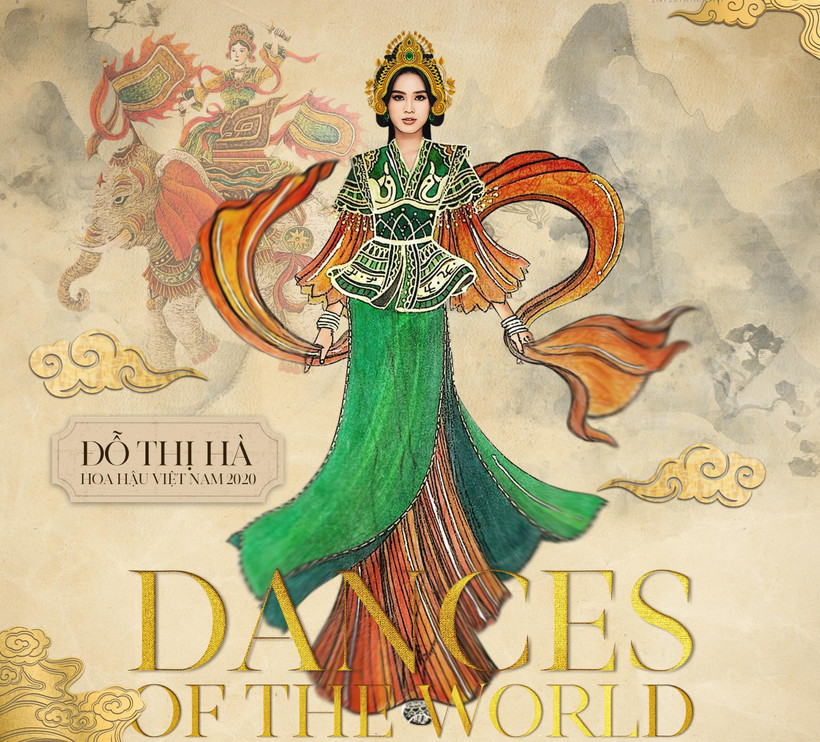 Bản phác thảo trang phục phần thi “Dances of the World" của Đỗ Thị Hà. (Ảnh: BTC)