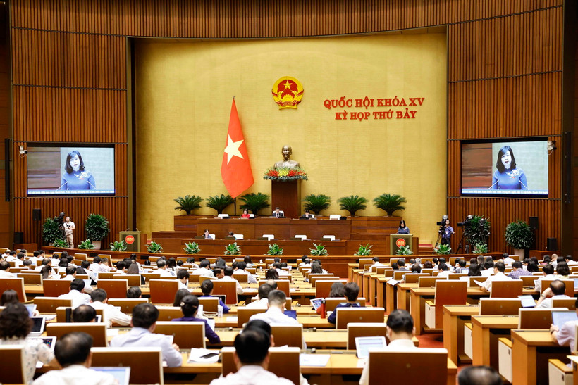 Bộ trưởng Bộ Y tế Đào Hồng Lan, thừa ủy quyền của Thủ tướng Chính phủ trình bày Tờ trình về dự án Luật sửa đổi, bổ sung một số điều của Luật Dược. (Ảnh: Doãn Tấn/TTXVN)