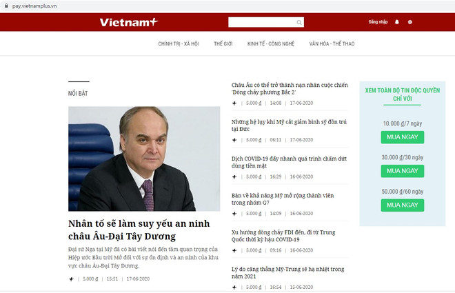 Giao diện phần thu phí của báo VietnamPlus. Báo chí trước COVID-19: Đa dạng hóa nguồn thu, chuyện không đơn giản ảnh 1