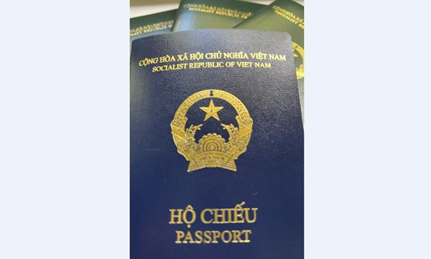 Cuốn hộ chiếu kiểu mới (màu xanh tím than) so với các cuốn hộ chiếu cũ màu xanh. (Ảnh: Mạnh Hùng/TTXVN) Bộ Ngoại giao làm việc với phía Đức về hộ chiếu phổ thông mẫu mới ảnh 1