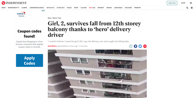 "Người hùng" cứu bé gái rơi từ tầng 12A gây sốt trên báo nước ngoài ảnh 1