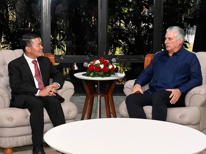 Bí thư thứ Nhất Ban Chấp hành Trung ương Đảng Cộng sản, Chủ tịch nước Cộng hòa Cuba Miguel Díaz-Canel Bermúdez tiếp Đại sứ Việt Nam tại Cuba Lê Thanh Tùng. (Ảnh: Mai Phương/TTXVN) ttxvn_viet nam cuba 2.jpg