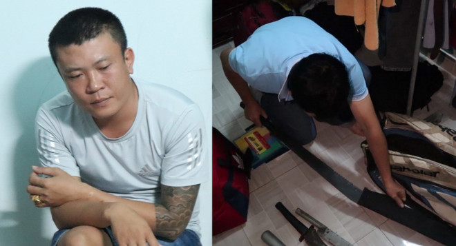 Đối tượng Nguyễn Văn Vinh và số hung khí nguy hiểm thu giữ được khi khám xét chỗ ở của nhóm cho vay nặng lãi. (Ảnh: TTXVN phát) Bình Phước: Triệt phá băng nhóm cho vay nặng lãi, thu nhiều hung khí ảnh 1