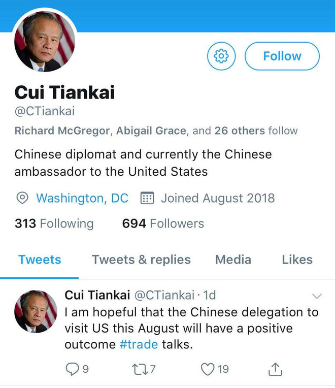 Đại sứ Trung Quốc tại Mỹ bắt đầu sử dụng mạng xã hội Twitter ảnh 2