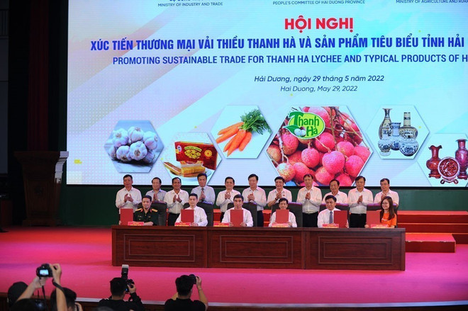 Lễ ký thỏa thuận hợp tác hỗ trợ tiêu thụ vải thiều và sản phẩm tiêu biểu của tỉnh Hải Dương với các sàn thương mại điện tử. (Ảnh: TTXVN phát) Hải Dương xúc tiến thương mại vải thiều và các sản phẩm tiêu biểu ảnh 1