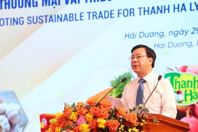 Bí thư Tỉnh ủy Hải Dương Phạm Xuân Thăng phát biểu. (Ảnh: Mạnh Minh/TTXVN) Hải Dương xúc tiến thương mại vải thiều và các sản phẩm tiêu biểu ảnh 2
