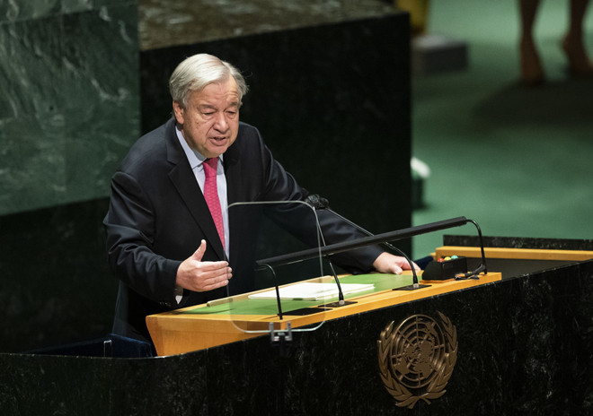 Tổng thư ký Liên hợp quốc Antonio Guterres phát biểu tại phiên khai mạc khóa họp lần thứ 76 Đại hội đồng Liên hợp quốc ở New York (Mỹ) ngày 21/9/2021. (Ảnh: THX/TTXVN) Đại hội đồng LHQ thông qua tuyên bố về chống phân biệt chủng tộc ảnh 1