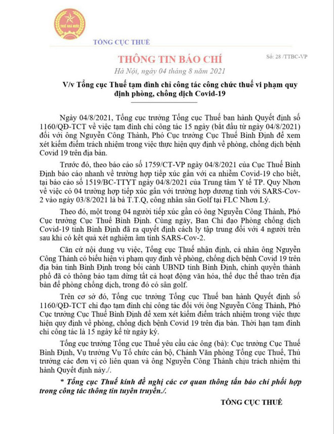 Tạm đình chỉ Phó Cục trưởng Cục Thuế vi phạm phòng chống dịch ảnh 2