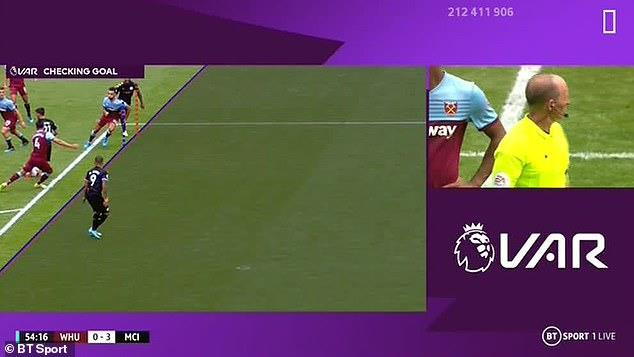 Công nghệ VAR cho thấy vai của Sterling vượt qua vạch việt vị. (Ảnh: BT Sport) Công nghệ VAR gây tranh cãi sau khi được áp dụng tại Premier League ảnh 2