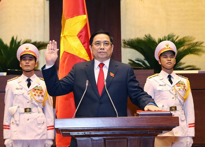 Thủ tướng Phạm Minh Chính tuyên thệ nhậm chức trước Quốc hội, đồng bào và cử tri cả nước. (Ảnh: Dương Giang/TTXVN) Nghị quyết bầu Thủ tướng Chính phủ nhiệm kỳ 2021-2026 ảnh 1