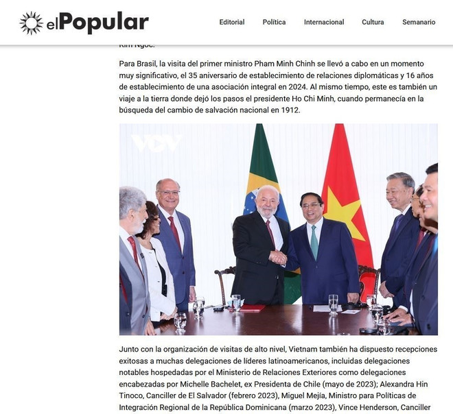 Bài báo đăng trên trang điện tử El Popular (Nhân Dân), cơ quan ngôn luận của Đảng Cộng sản Uruguay. (Ảnh: Diệu Hương/TTXVN) bao chi 2.jpg