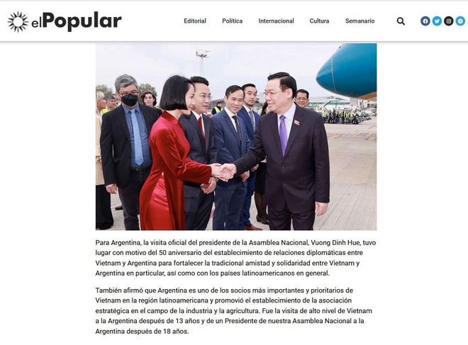 Bài báo đăng trên trang điện tử El Popular (Nhân Dân), cơ quan ngôn luận của Đảng Cộng sản Uruguay. (Ảnh: Diệu Hương/TTXVN) bao chi 3.jpg