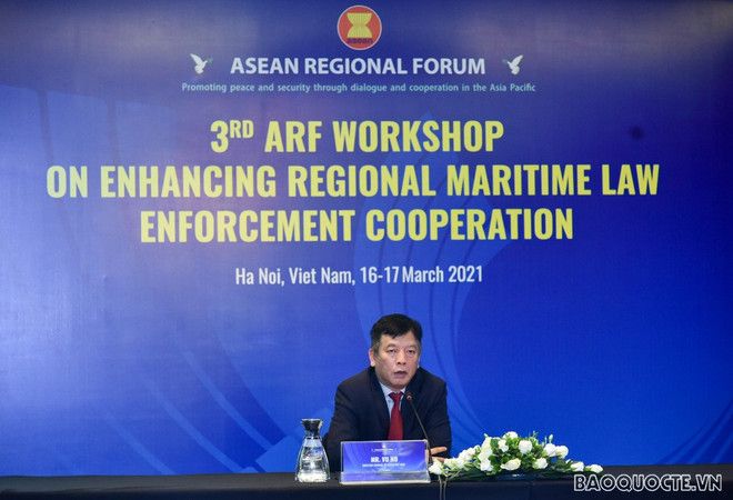 Trưởng đoàn Việt Nam, ông Vũ Hồ, Vụ trưởng Vụ ASEAN, Bộ Ngoại giao chia sẻ tầm quan trọng của việc duy trì và thúc đẩy đối thoại, hợp tác. (Nguồn: baoquocte.vn) Hội thảo ARF lần 3 về tăng cường hợp tác thực thi pháp luật trên biển ảnh 2