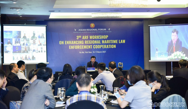 Các đại biểu tham dự Hội thảo Diễn đàn Khu vực ASEAN (ARF) lần thứ 3 về tăng cường hợp tác thực thi luật pháp trên biển. (Nguồn: baoquocte.vn) Hội thảo ARF lần 3 về tăng cường hợp tác thực thi pháp luật trên biển ảnh 1