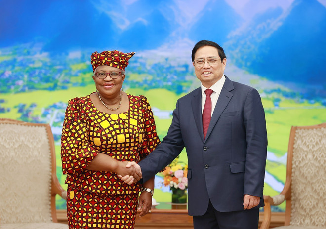 Thủ tướng Phạm Minh Chính tiếp Tổng Giám đốc Tổ chức Thương mại thế giới (WTO) Ngozi Okonjo-Iweal. (Ảnh: Dương Giang/TTXVN) Việt Nam nằm trong 20 nền kinh tế thương mại quốc tế hàng đầu thế giới ảnh 1