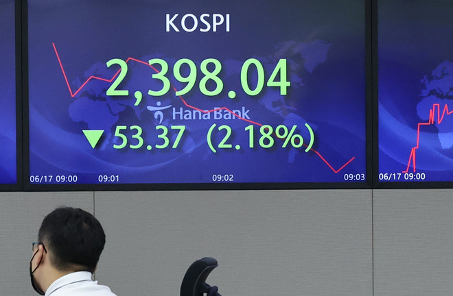Bảng chỉ số chứng khoán tại Seoul, Hàn Quốc, ngày 17/6/2022. (Ảnh: Yonhap/TTXVN) Lo ngại các biện pháp kiềm chế lạm phát, chứng khoán châu Á giảm điểm ảnh 1
