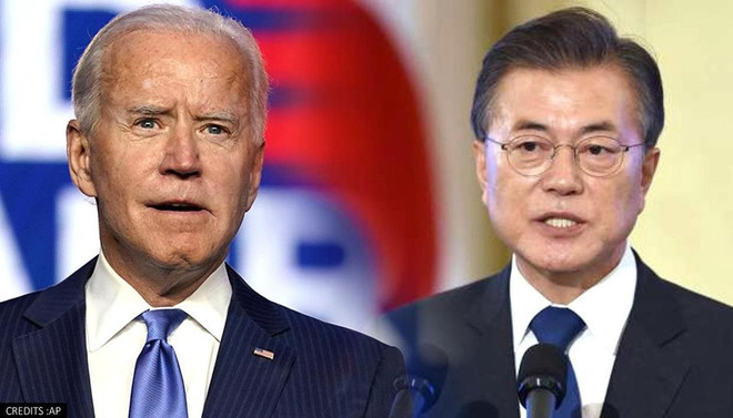 Tổng thống My Joe Biden và người đồng cấp Hàn Quốc Moon Jae-in. (Nguồn: AP) Mỹ, Hàn Quốc thông báo thời điểm tiến hành cuộc gặp thượng đỉnh ảnh 1