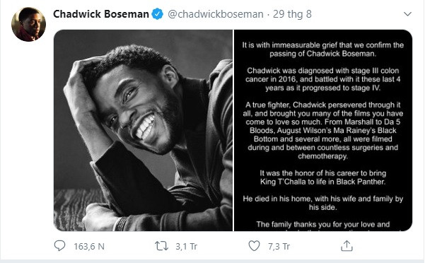 Dòng tweet vinh danh Chadwick Boseman lập kỷ lục số like trên Twitter ảnh 1