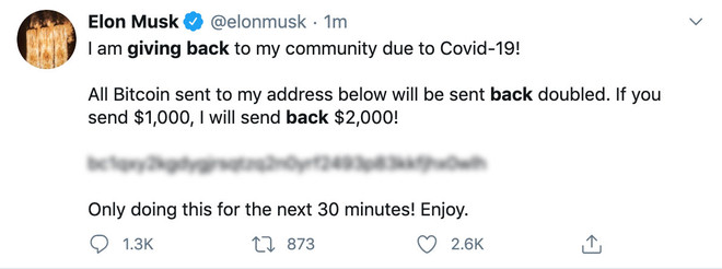 Dòng tin nhắn được đăng lên tài khoản Twitter của Giám đốc điều hành Tesla Elon Musk. Tài khoản Twitter của Biden, Obama, Elon Musk, Bill Gates bị xâm phạm ảnh 2