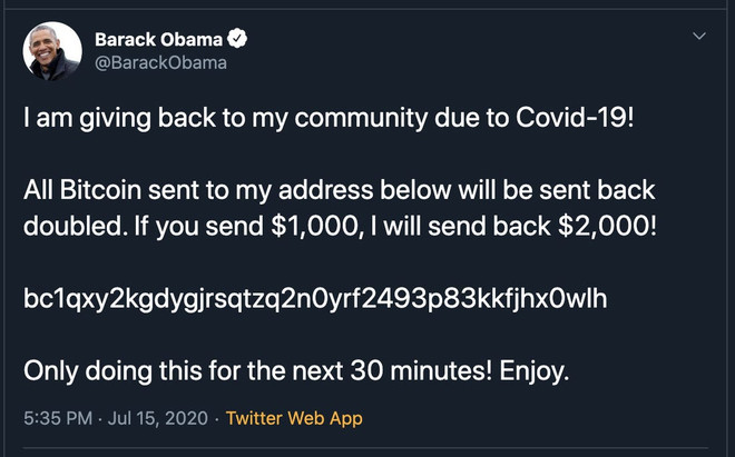 Dòng tin nhắn được đăng lên tài khoản Twitter của cựu Tổng thống Mỹ Barack Obama. (Nguồn: Twitter) Tài khoản Twitter của Biden, Obama, Elon Musk, Bill Gates bị xâm phạm ảnh 1
