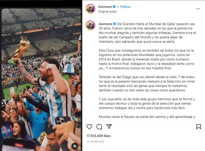Ảnh chụp màn hình bức thư của Messi đăng trên Instagram. Leo Messi gửi tâm thư cảm ơn Diego Maradona và thành viên đội tuyển ảnh 1