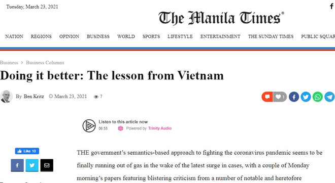 Bài viết trên báo The Manila Times của Philippines. Báo Philippines: Việt Nam đã tạo nên công thức chống COVID-19 hiệu quả ảnh 1