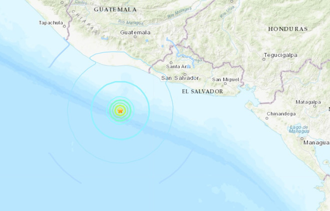 Địa điểm xảy ra trận động đất ở ngoài khơi bờ biển Trung Mỹ. (Nguồn: USGS) Hai trận động đất liên tiếp ở ngoài khơi Trung Mỹ và tại Ecuador ảnh 1