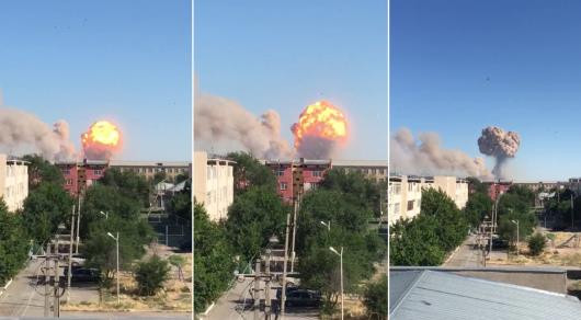 Vụ nổ kho đạn dược tạo nên cột khói lớn. (Ảnh: Tengrinews.kz) Kazakhstan sơ tán hàng chục nghìn người sau loạt vụ nổ kho đạn dược ảnh 1