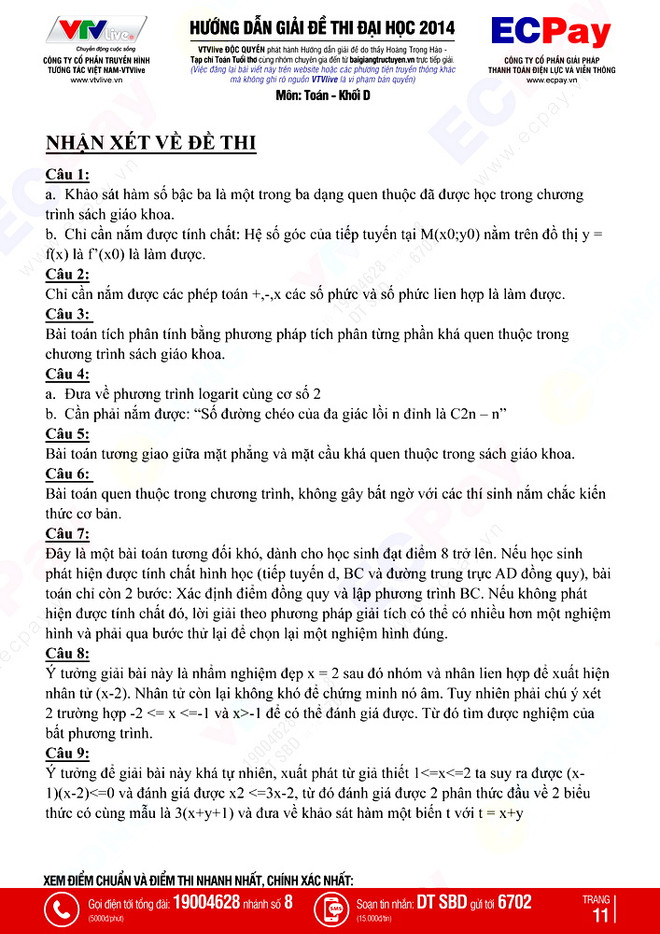 Đáp án đề thi môn Toán khối D kỳ thi đại học, cao đẳng 2014 ảnh 12