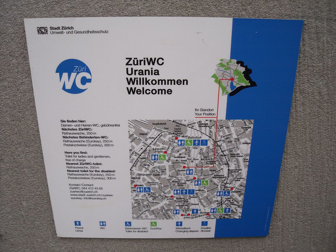 Bản đồ chỉ dẫn vị trí các nhà vệ sinh công cộng miễn phí tại Zurich, Thụy Sĩ. (Nguồn: Wikimedia) nha ve sinh chau au 6.jpg