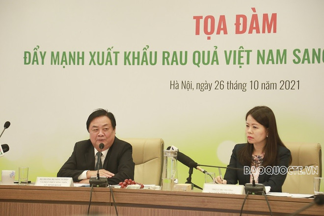 Bộ trưởng Bộ Nông nghiệp và Phát triển Nông thôn Lê Minh Hoan phát biểu tại Tọa đàm. (Nguồn: baoquocte.vn) Tọa đàm đẩy mạnh xuất khẩu rau quả Việt Nam sang Liên minh châu Âu ảnh 1