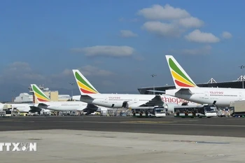 Máy bay của Ethiopian Airlines tại sân bay quốc tế Bole, Thủ đô Addis Ababa, Ethiopia. (Ảnh: Phi Hùng/TTXVN)