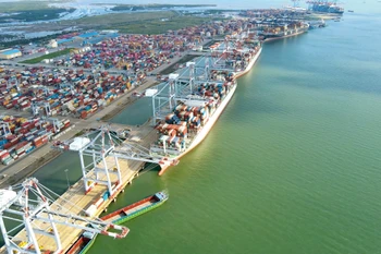 Bốc xếp hàng hóa container tại một cảng biển của Tổng công ty Hàng hải Việt Nam. (Ảnh: PV/Vietnam+)