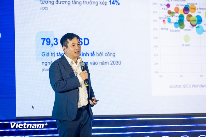 Ông Lê Hồng Việt - Tổng Giám đốc FPT Smart Cloud đã có những phân tích về vị thế của Việt Nam trên bản đồ Trí tuệ nhân tạo toàn cầu. (Ảnh: Minh Sơn/Vietnam+) vnp-ai-day-2025-1-2.jpg